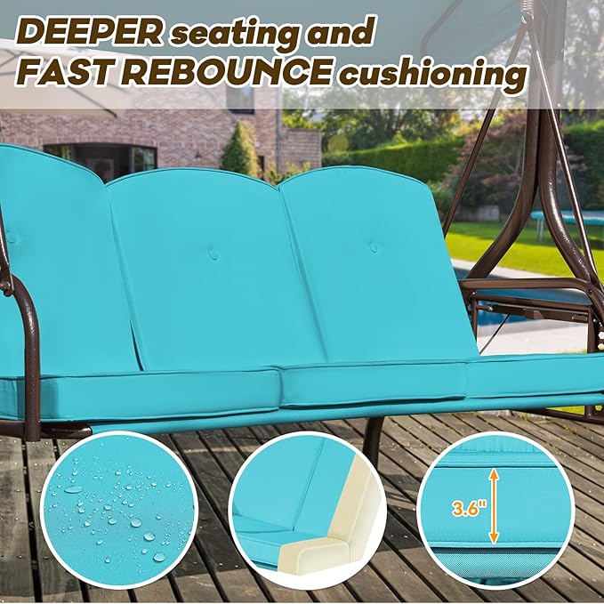 3 in 1 Patio Swing with Adjustable Canopy for Adults, 3 Seat Outdoor Swing with Thickened Cushions,Pillows & Cup Holders for Backyard, Porch, Garden (Lake Blue)