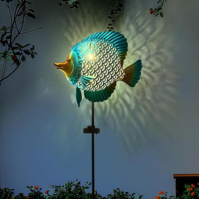 HONGLAND Outdoor Fish Solar Garden Lights with LED Light, Metal Fish Design Waterproof Solar Garden Decorative Stake for Lawn, Yard, Patio, Landscape Decoration
