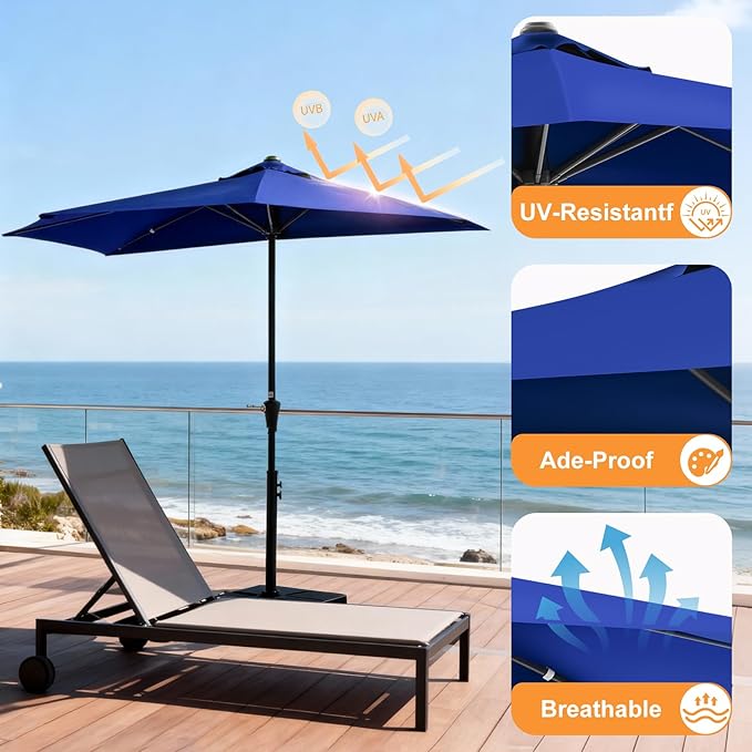 OLIXIS Half 9Ft Umbrella Outdoor Patio, Scalloped Patio Umbrella with Easy Crank, Sun Half Patio Umbrella for Balcony, Market, Garden, Blue