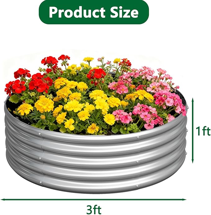 zizin 2 Pcs Round 3x3x1ft Raised Garden Bed Kit Metal Planter Box for Planting Vegetables, Silver