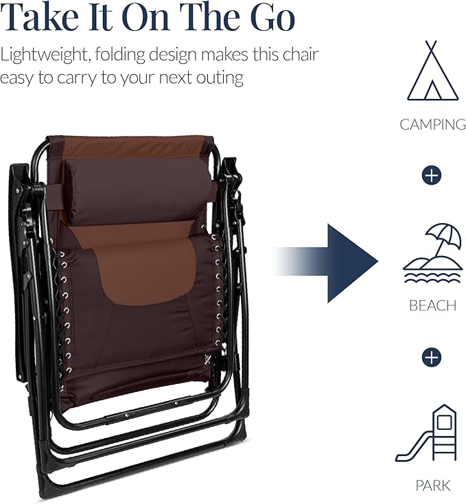 Best Choice Products Oversized Padded Zero Gravity Chair, Folding Outdoor Patio Recliner, XL Anti Gravity Lounger for Backyard w/Headrest, Cup Holder, Side Tray, Polyester Mesh - Espresso/Brown