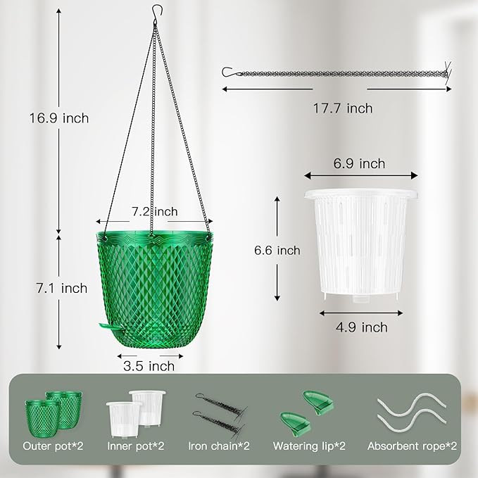 QCQHDU Self Watering Hanging Pots, 2 Pack 7.2 Inch Hanging Planters for Plants Indoor, Outdoor Flower Pots with Drainage Holes and 3 Hooks Chains for Garden Home (Emerald)