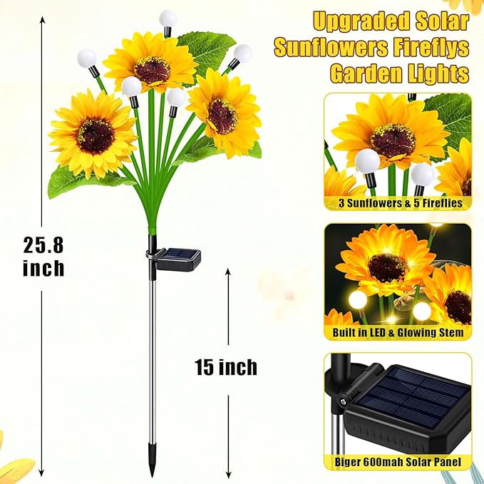 Solar Lights Outdoor Garden Decor,4 Pack Sunflower with Firefly Lights,Solar Flowers Lights Waterproof,Birthday Gifts for Mom Women Grandma,Outside Decorative Garden Stakes for Yard Patio Porch Lawn