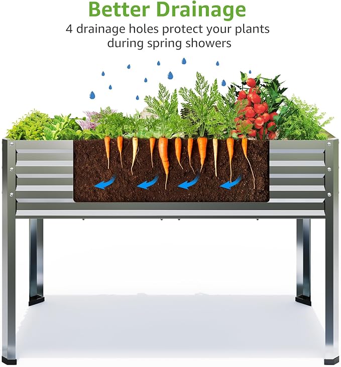 Galvanized Raised Garden Bed with Legs, 48 gallons, 48"x24"x32" Large Metal Elevated Planter Boxes with Drainage Holes,for Vegetables, Flowers, Backyard, Patio, Balcony