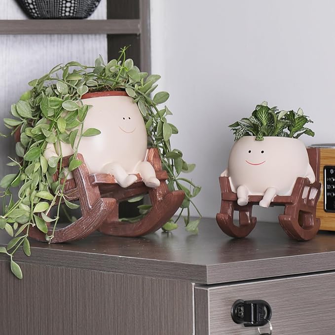 Smiley Face Rocking Chair Planters Flower Pots for Plants Funny Succulents Plant Live Cute Resin Head Planter for Indoor Outdoor Plants Gift Ideas for Mother and Christmas (Large)
