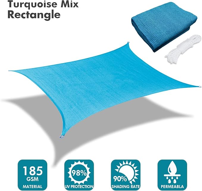 KANAGAWA 8'X12' Turquoise Mix Custom Size Sun Shade Sail Rectangle UV Block Canopy Cover for Patio Backyard Lawn Garden Outdoor (Customized Available)
