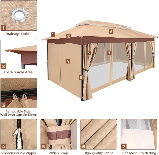 COBIZI Gazebo 12x20 Heavy Duty Gazebos with Curtain and Netting Outdoor Gazebo Canopy Double Roof Patio Gazebos with Metal Steel Frame for Patio, Deck, Backyard-Khaki