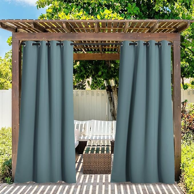 NICETOWN 2 Panels Greyish Blue Outdoor Curtains for Patio Waterproof, Stainless Steel Silver Grommet Thermal Insulated Blackout Outdoor Room Darkening Drapes for Front Porch, W52 x L108