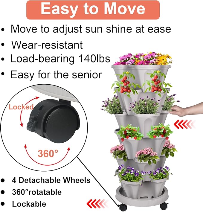 GameXcel Vertical Planter 6 Tier Stackable Planters Garden Planters Strawberry Herb Flower and Vegetable Planter Indoor Outdoor Gardening Pots with Removable Wheels and Tools