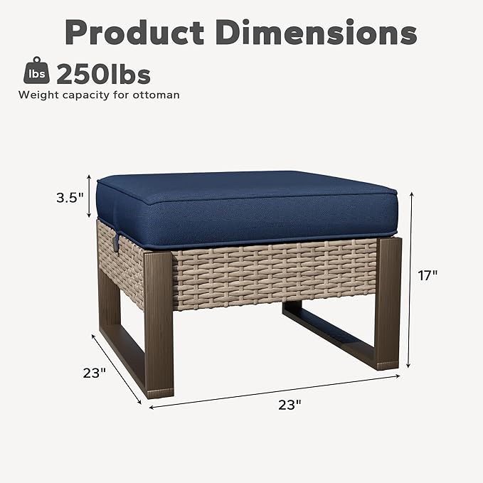 Joyside Outdoor Patio, All-Weather PE Rattan Ottomans Footstools with Removable Cushions & Anti-Rust Wood-Looking Legs for Garden, Backyard, Porch, Deck (Blue)