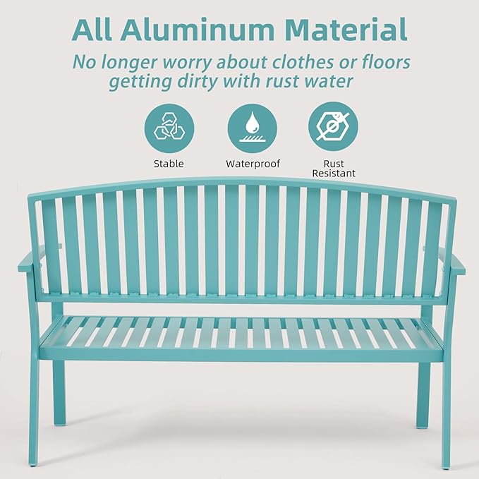 Outdoor Bench Weatherproof Aluminum Patio Garden Bench, Patio Loveseat for Porch Garden Lawn Backyard Park Balcony(Light Blue, 1PC)
