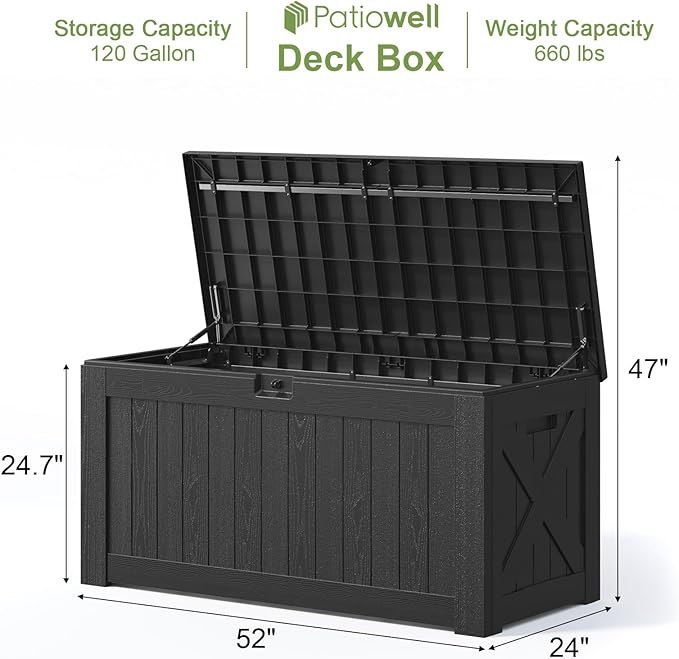 Patiowell 120 Gallon Large Deck Box, Outdoor Lockable Storage Box for Gardening Tools, Waterproof Deck Box for Patio Furniture, Black