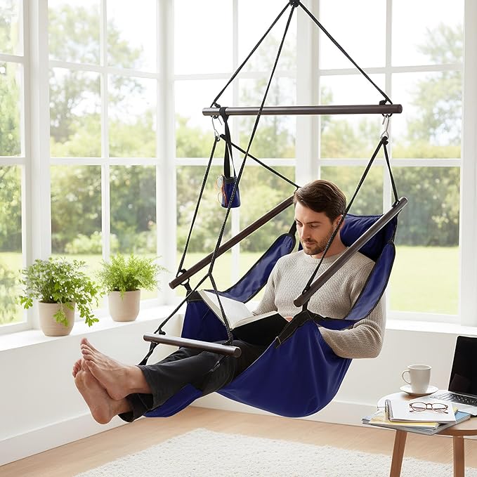 ONCLOUD Upgraded Unique Hammock Hanging Sky Chair, Air Deluxe Swing Seat with Rope (Navy Blue)