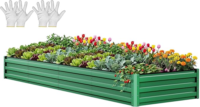 YITAHOME 12x4x1ft Large Raised Garden Bed Kit, Galvanized Metal Planter Box with Gloves, Ground Nails, Support Rod, Outdoor Above Ground Planters for Plants Vegetables Flowers, Green