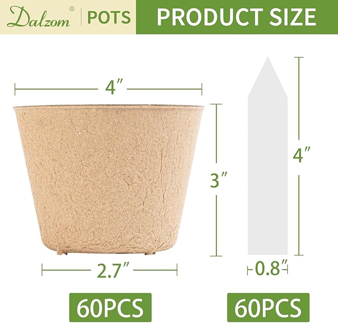 Dalzom® 60Pcs 4” Peat Pots with 60Pcs Plant Labels, Biodegradable Pots for Seedlings with Drainage Holes, Garden Plant Nursery Pots Seed Starting Trays