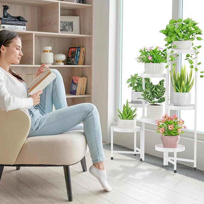 iDavosic.ly Plant Stand Indoor Outdoor, 7 Tier Corner Metal Flower Display Holder Shelf, Easy Assembly Folding Tall Orchid Rack for Patio Balcony Porch Garden Living Room House, White