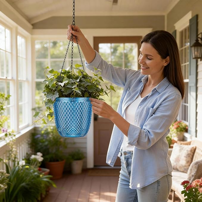 QCQHDU Self Watering Hanging Pots, 2 Pack 7.2 Inch Hanging Planters for Plants Indoor, Outdoor Plant Hanger Flower Pots with Drainage Holes and 3 Hooks Chains for Garden Home (Klein Blue)