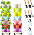 Umigy 2 Set of 7 Tier Vertical Planter Stackable Tower Planters Strawberry Herb Flower and Vegetable Pots Indoor Outdoor Gardening Pots with Removable Wheels and Tools(Macaron)