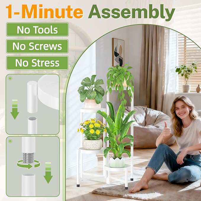 iDavosic.ly Plant Stand Indoor Outdoor, 4 Tier Corner Metal Flower Display Holder Shelf, Easy Assembly Folding Tall Orchid Rack for Patio Balcony Porch Garden Living Room House, White