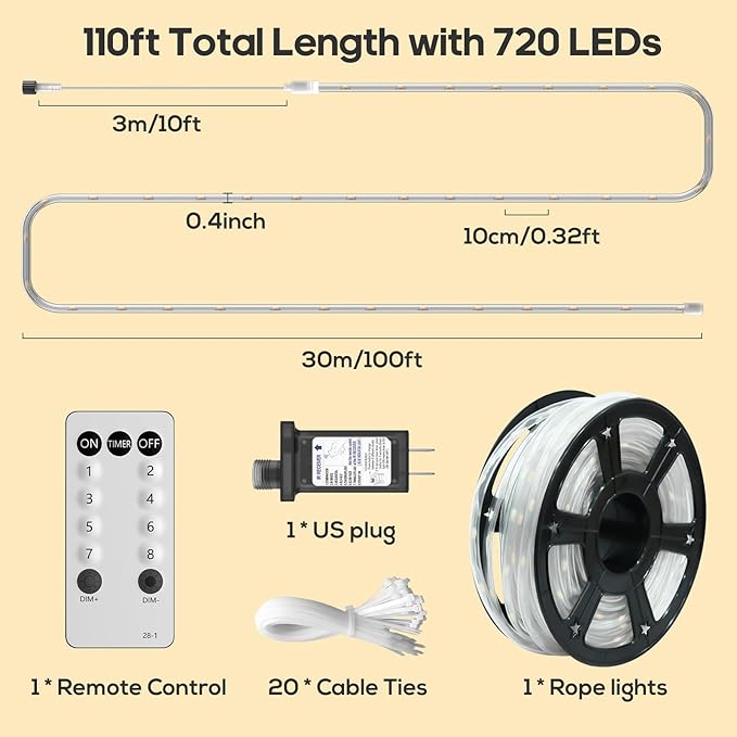 100FT 720 LED Rope Lights Outdoor Waterproof with Remote, 8 Modes and 4 Brightness, Rope Lights for Outside, Bedroom, Patio, Garden, Christmas Lights Indoor Outdoor Decoration (Warm White)