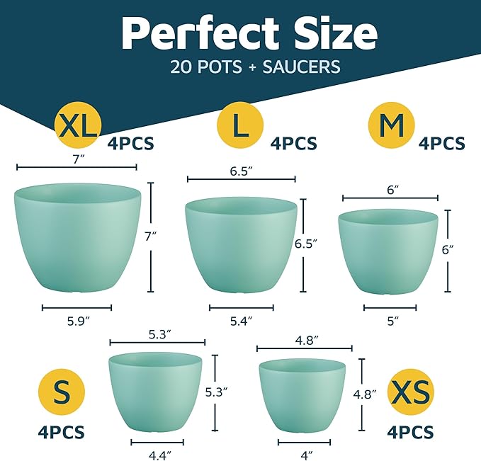 Planter Pots with Drainage Holes - Lightweight, Durable, and Space-Saving Pots for Indoor and Outdoor - Versatile Functionality, Simple Modern Design, Set of 20 Plastic Planter Pots - Aqua