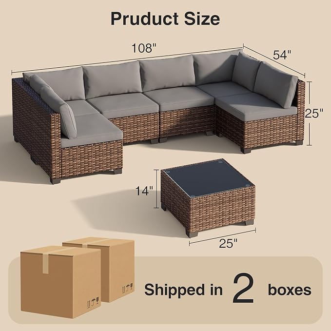 7 Pieces Patio Furniture Set, Outdoor Sectional Rattan Sofa Set, Wicker Patio Conversation Set with Cushions and Glass Coffee Table, for Balcony, Porch, Garden, Grey