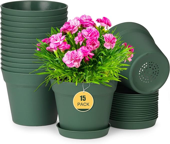 homenote Plant Pots,15 Pack 6 inch Flower Pots with Multiple Drainage Holes and Saucers,Plastic Planters for All Home Garden Flowers Succulents(Green)