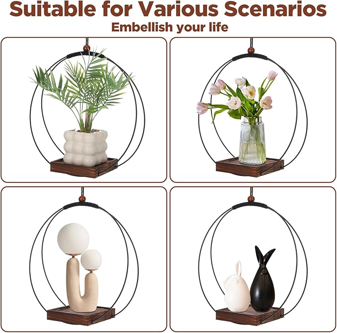 2 Pack Hanging Planters for Indoor Outdoor Plants, 12 Inch Sturdy Wood Base Metal Plant Hanger Modern Boho Minimalist Flower Pot Holder Basket Wall Ceiling Window Stands Home Wall Decor