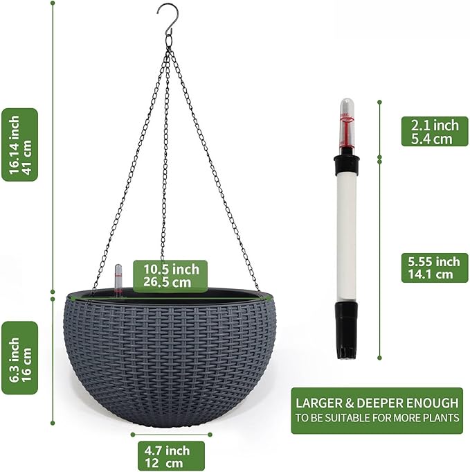 Dexceder 10.5 Inch Large Self Watering Hanging Planters Indoor Outdoor, Thickened Hanging Basket Flower Plant Pot with Water Level Indicator (Gray)