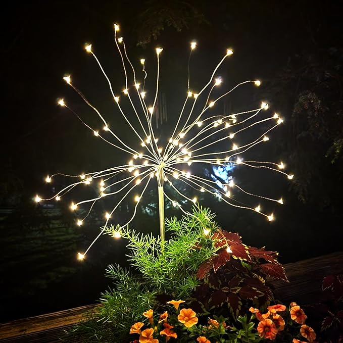 FOOING 8 Pack Solar Garden Lights Solar Firework Lights Waterproof, 200 LED String Light 2 Modes Twinkling Fairy Nightlight for Garden, Wedding, Party, Patio, Yard, Landscape Decoration, (Warm White)
