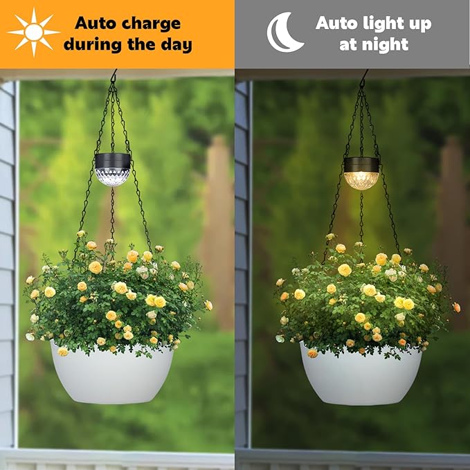 SUNNYPARK 2 Packs Hanging Planters Basket for Outdoor Plants, Solar Powered Self Watering White Round Plastic Flower Pots with Drainer for Balcony Patio Garden Outdoor Decoration