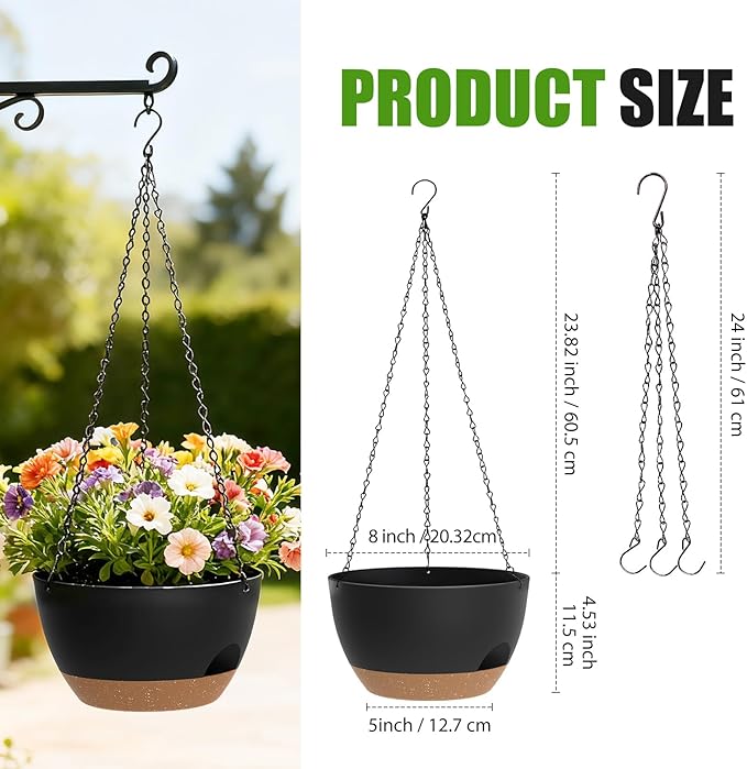 8 Inch Hanging Planters for Indoor Outdoor Plants, 4 Pack Black Brown Plastic Self Watering Hanging Baskets with Drainage Holes and Chain for Garden Porch