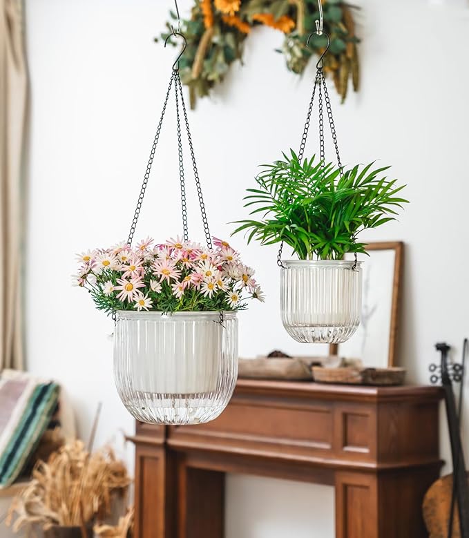 Josteve 5.2/8.2 Inch 2 Pcs Self Watering Hanging Planter Indoor Plant Pots Drainage Holes, Outdoor Small Hanging Planters Flower Pot Basket, Visible Water Level, Plant Hanger Home Decor, Gardening