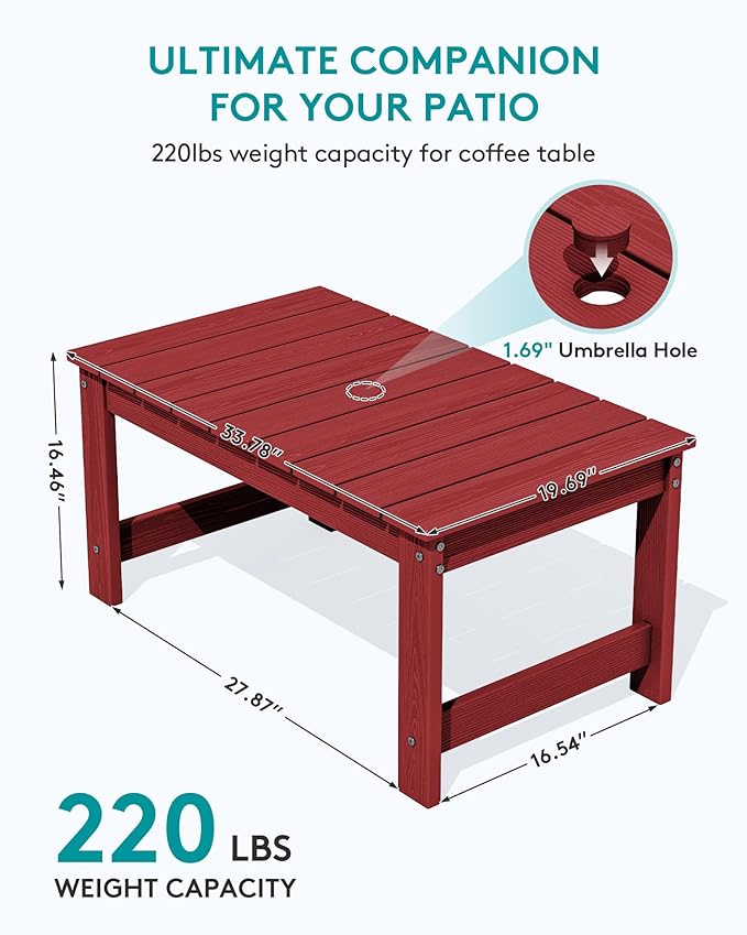 SERWALL Outdoor Coffee Table with 9FT Umbrella, HDPE Patio Coffee Table for Outside, Rectangle, Red(Not Include Umbrella Base)