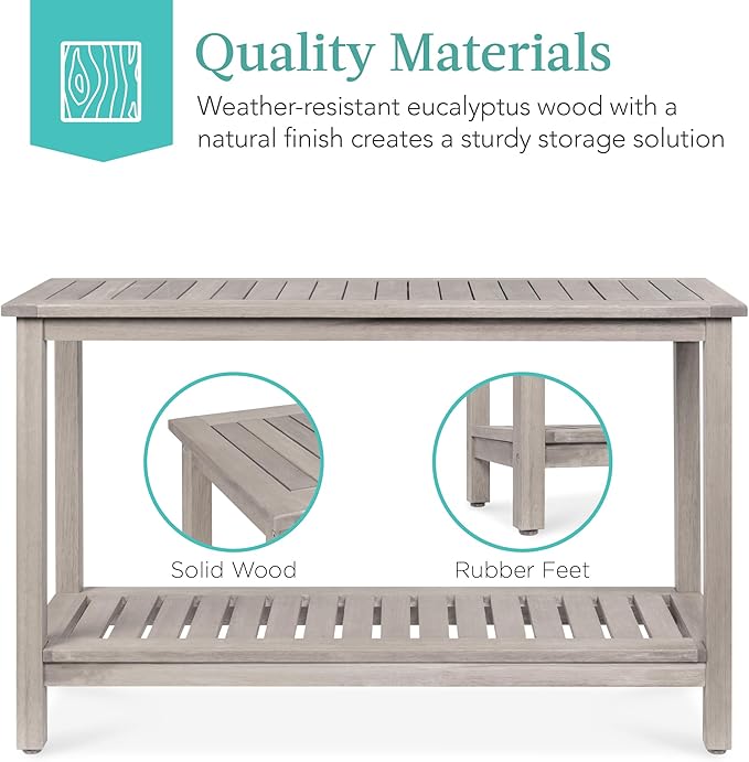 Best Choice Products 48in 2-Shelf Eucalyptus Wooden Console Table Indoor Outdoor Multifunctional Buffet Bar Storage Organizer w/Foot Sliders - Gray