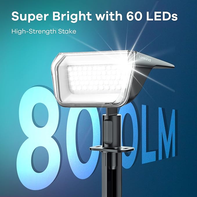 Linkind Solar Spot Lights Outdoor Waterproof IP67, 60 LED Solar Flood Lights 30% High Conversion Landscape Lighting for Garden Yard Pathway (6 Pack, Cool White)