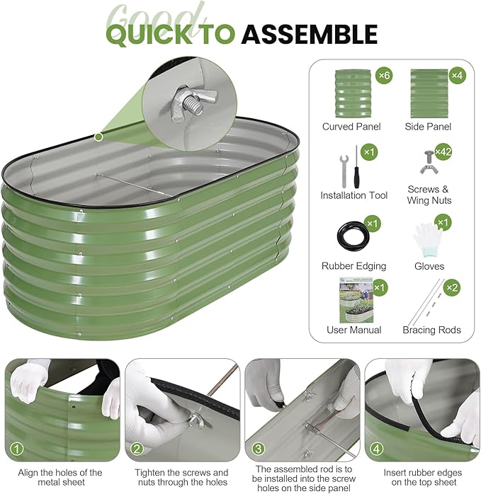 G GOOD GAIN Raised Garden Beds - 4x2x1.4ft Galvanized Planter Boxes Kit with Protective Tape & Gloves & Tools | Oval Metal Outdoor Raised Bed for Gardening Vegetables, Fruits, Flowers, Herbs, Oliver