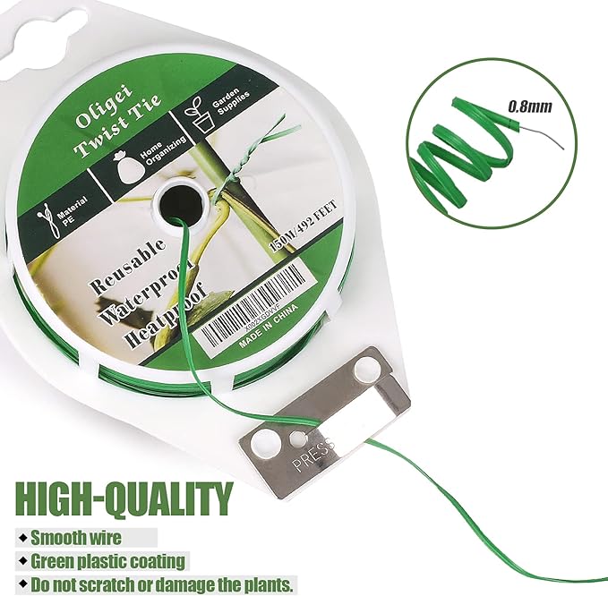 Green Garden Wire, Sturdy Plant Ties for Support with Cutter, 492FT/150m, Indoor, Outdoor, Home and Office Use