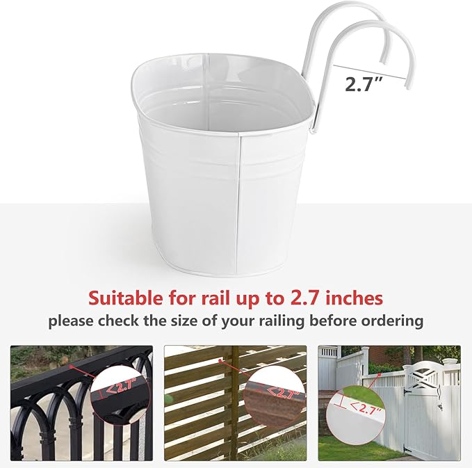 Dahey 10.5 Inch Metal Iron Hanging Flower Pots for Railing Fence Hanging Bucket Pots Countryside Style Outdoor Planter Window Flower Plant Holder with Detachable Hooks Home Decor,White,4 Pcs