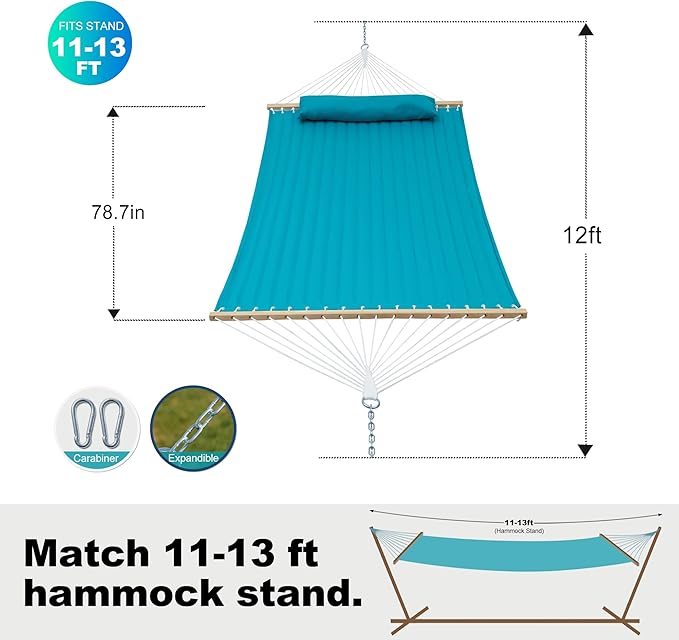 2 Person 12FT Hammocks for Outside, Double Quilted Fabric Outdoor Hammock with Spreader Bar, Large Removable Pillow, Storage Pockets, Carabiners, Max 475 lbs Capacity (Canyon Creek Aqua)