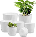 7 pcs Plant Pots with Drainage Holes and Saucers, Indoor Planters, Set of 7 (7.5, 7, 6.5, 6, 5.5, 4.5, 3.5 Inches), White