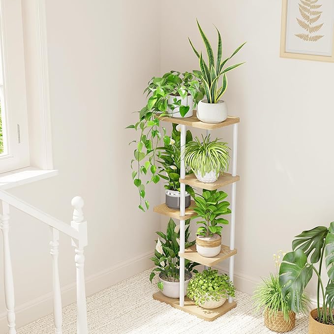 Bamworld Corner Plant Stand Indoor 5 Tier white Plant Shelf for Multiple Plants, Tiered Flower Pot Stands for Patio Garden Balcony Living Room Bedroom, White