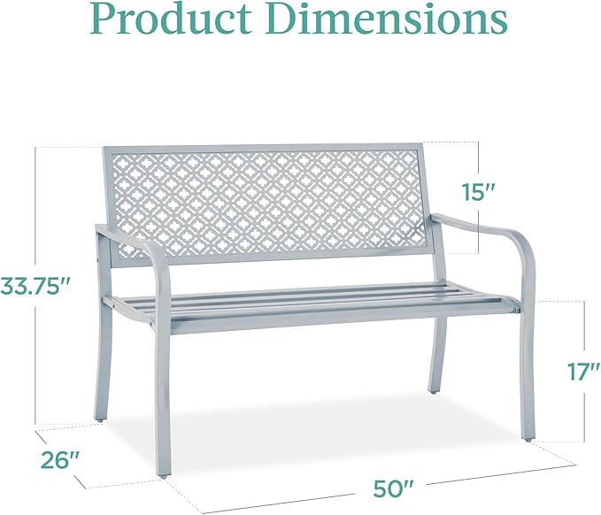 Best Choice Products Outdoor Bench 2-Person Metal Steel Benches Furniture for Garden, Patio, Porch, Entryway w/Geometric Backrest, 790lb Capacity - Light Gray