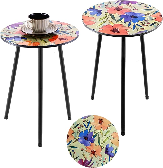 Party Zealot 2 Packs Metal Floral Round Side Table 13.2" Small Outdoor Patio Round Accent Coffee Tables Indoor Corner Stand for Small Spaces Weather-Resistant for Balcony Plant Stand