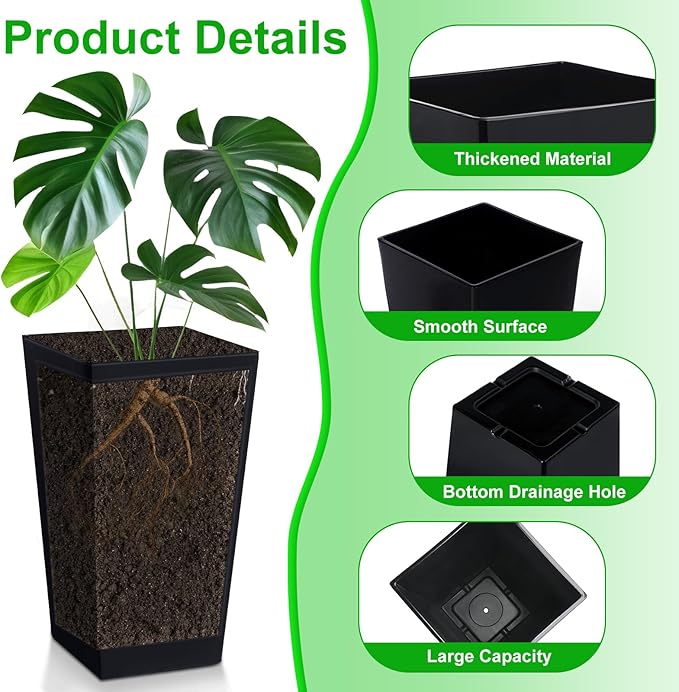 Hushee Set of 4 Tall Outdoor Planters 21 Inch Tall Tapered Square Planter with Drainage Hole Large Flower Tree Plant Pot Resin Flower Pots for Front Porch Door Garden Patio Indoor