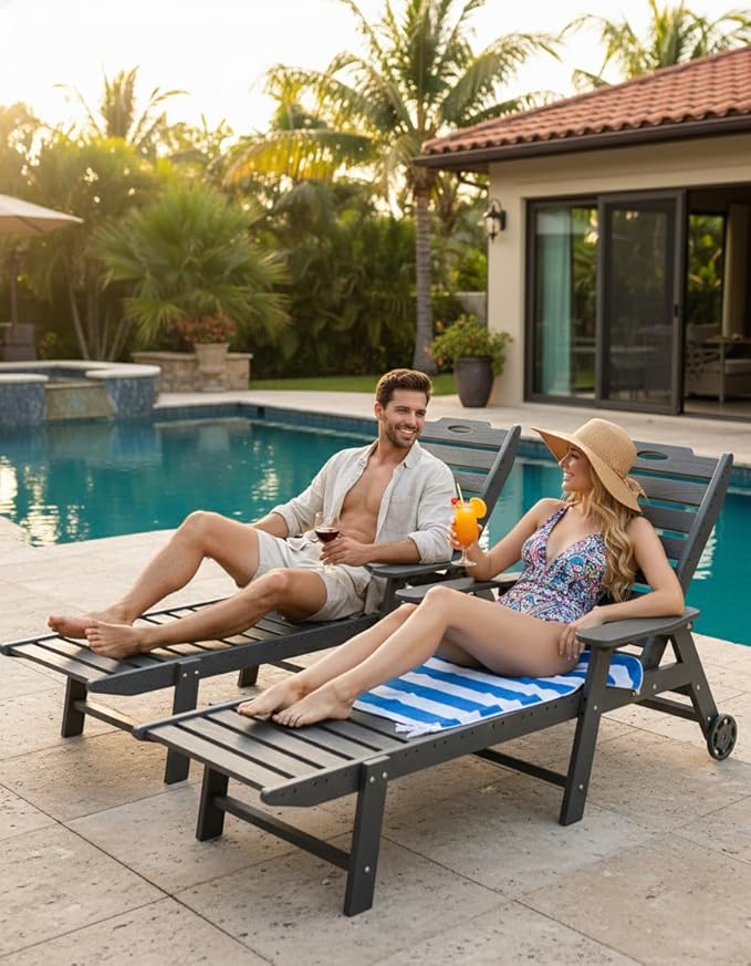 Carauci Lounge Chair Outdoor Set of 2, HDPE Chaise Lounge with Wheels, 5-Position Adjustable Backrest & 2 Cup Holders Patio Lounge Chair, All-Weather Pool Sun Lounger for Poolside, Backyard, Grey