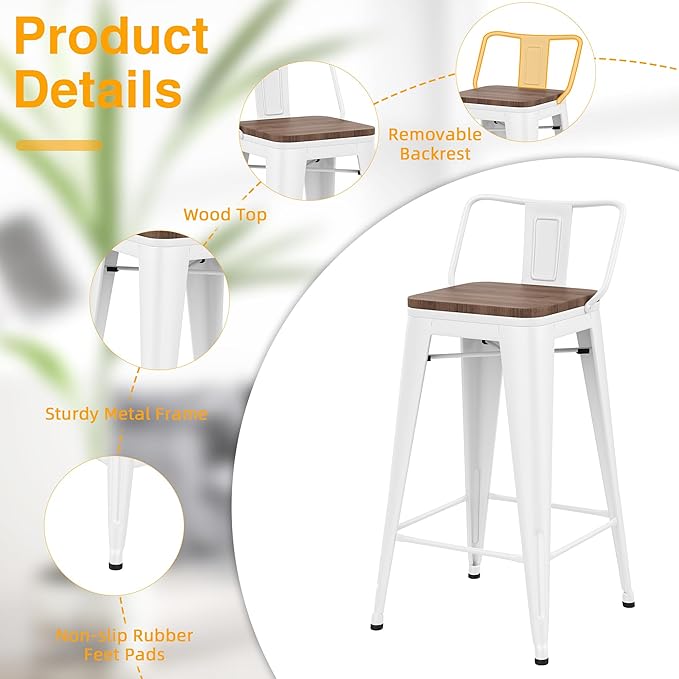 Yongchuang 24 inch Metal Bar Stools Set of 4 Counter Height Barstools Farmhouse Kitchen Bar Chairs with Wood Seat Low Back Cream White
