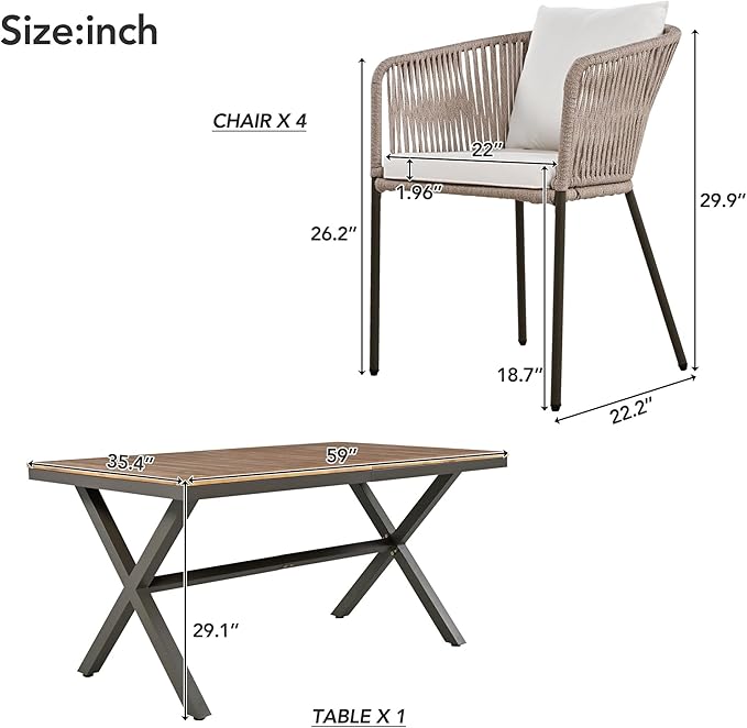 Merax 7 Pieces Patio Dining Table and Chairs, All-Weather Outdoor Furniture Set, Acacia Wood Tabletop, Metal Frame, for Garden, Backyard, Balcony, Beige