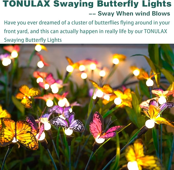 TONULAX Solar Garden Lights - Swaying Butterfly Light, Swaying in The Wind, Solar Outdoor Lights, Yard Patio Pathway Decoration, High Flexibility Iron Wire & Realistic Butterflies(8 Pack)
