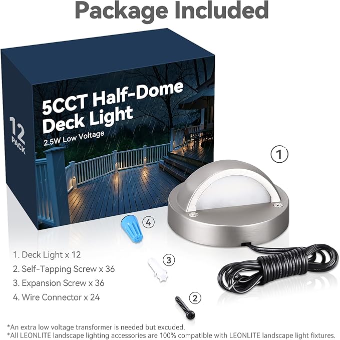 LEONLITE 12-Pack Update 5CCT LED Low Voltage Deck Lights, 180LM 3.5inch Landscape Step Railing Fence Light, 12-24V AC/DC, CRI90, Die-cast Aluminum Housing & Frosted Glass Lens, UL Cord, Satin Nickel
